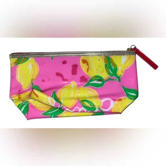 LILLY PULITZER MAKEUP BAG accessory LEMONS pink plastic waterproof travel EUC - Picture 4 of 7